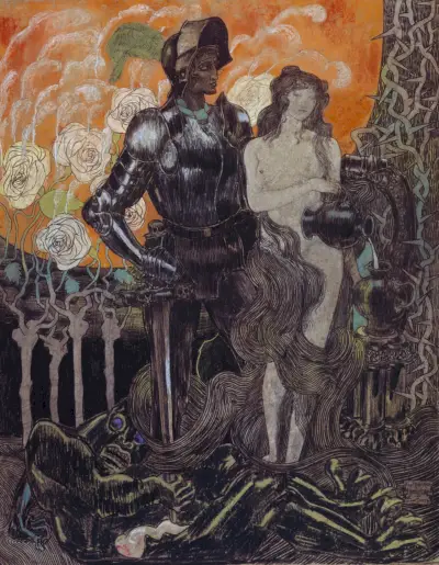 Maalaus ritarista seisomassa naisen kanssa