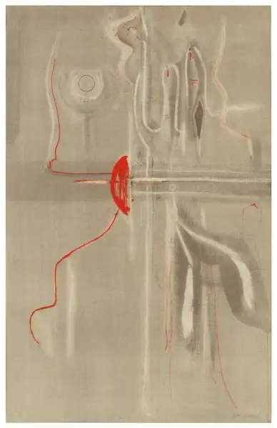 Abstrakti maalaus neutraaleilla sävyillä aaltoilevilla linjoilla