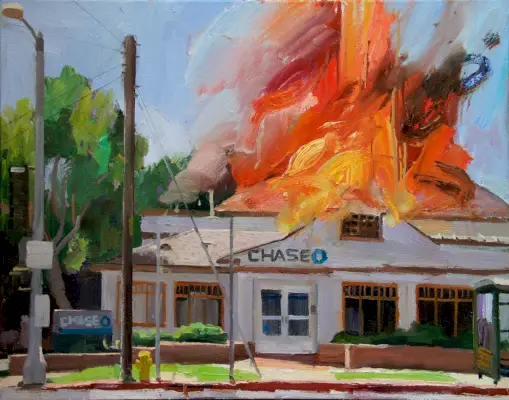 Taiteilija maalaa polttavia pankkeja, mikä herättää poliisin huomion