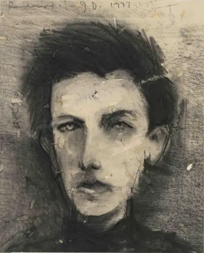 Un ritratto a carboncino disegnato semplicemente di un giovane con i capelli scuri