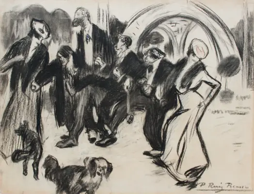 Hiili- ja värikynäpiirros tyylitellyistä hahmoista, jotka lähtevät paikalta.