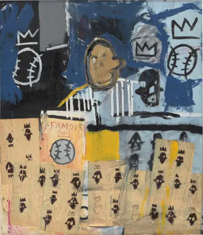 Abstrakti sininen maalaus erilaisilla kruunuilla koristeltuilla hahmoilla