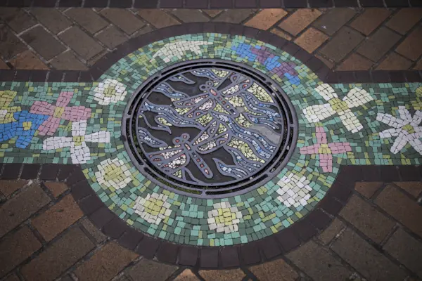 Kaivon kansi, jonka sivuilla on värikäs vihreä kukkakuvio