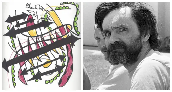 En Charles Manson original, udført med farvede tuscher, fra hans Pablo Picasso-periode.