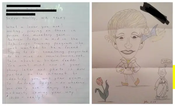 Den produktive seriemorder John Edward Robinson, der opbevarede nogle af sine ofre i tønder, skabte denne flotte tegning, som er tilgængelig på Murder Auction for kun . Venstre og vredt brev sendt til en morderabilia-forhandler af Robinson, efter at den dødsdømte fandt ud af, at han ikke var