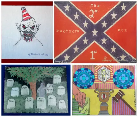 Med uret fra øverst til venstre: Henry Lee Lucas begyndte sin mordkarriere ved at stikke sin mor i nakken med en kniv og dræbte derefter flere hundrede – denne tegning af hans alter ego-dyr sælges for 1.600 dollars. George Zimmerman, der dræbte Trayvon Martin i 2012, tilbyder print af sit konfødererede flagmaleri,