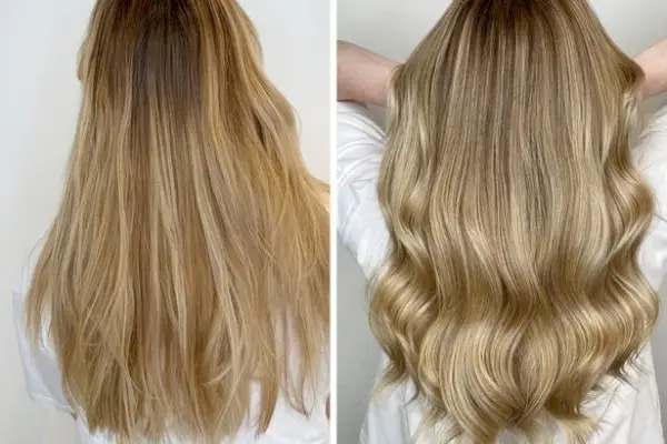 Lauran hiukset ennen (vasemmalla) ja jälkeen (oikealla) brasilialaista Illuminage-värjäystekniikkaa