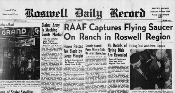 „Roswell Daily Record” z 8 lipca 1947 r. zapoczątkował lata teorii spiskowych mających na celu tuszowanie sprawy przez rząd. (Wikimedia)