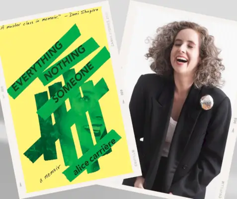 Kollaasi hymyilevästä naisesta mustassa bleiserissä ja kirjan kannessa