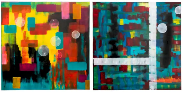 Abstrakti maalaus kahdessa osassa, jota hallitsevat paksut kylläisen värin viivat