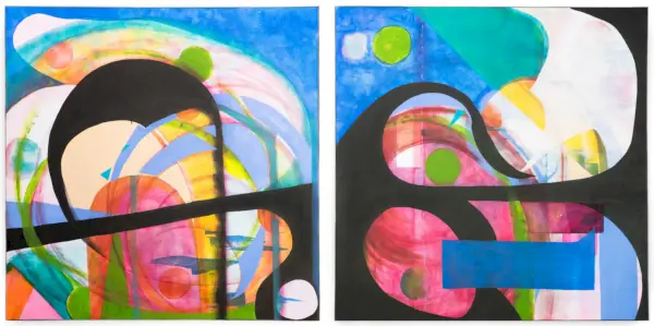 Diptyykkimaalaus, jossa on kaarevia orgaanisia muotoja