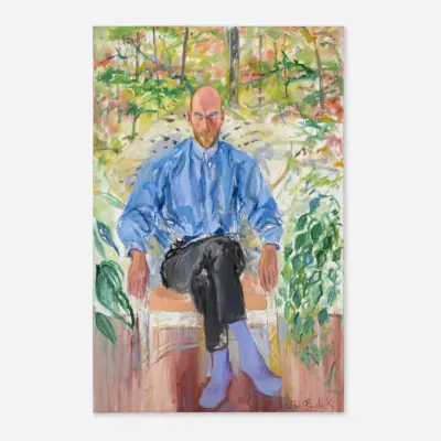 Maalattu muotokuva miehestä sinisessä paidassa istumassa vihreyden ja kukkien keskellä