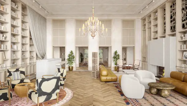 Un elegante salotto bianco e marrone chiaro con un lampadario pendente al centro