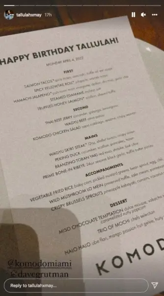 Siellä oli myös henkilökohtainen menu