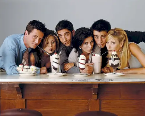 Matthew Perry com Chandler Bing, Jennifer Aniston com Rachel Green, David Schwimmer com Ross Geller, Courteney Cox com Monica Geller, Matt Le Blanc com Joey Tribbiani, Lisa Kudrow com Phoebe Buffay