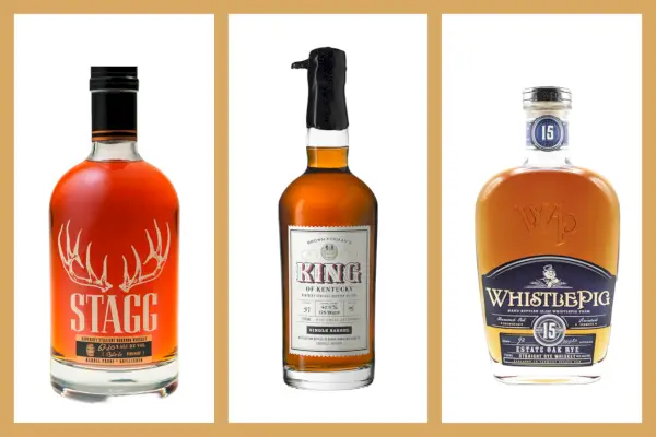 kolaż trzech butelek bourbona i żyta