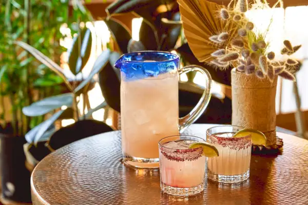 Kannu margaritaa, jonka vieressä on kaksi pientä margaritalasia