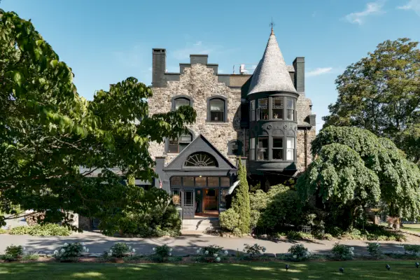 Pientä järveä ympäröivät kukat, ruoho ja puut.