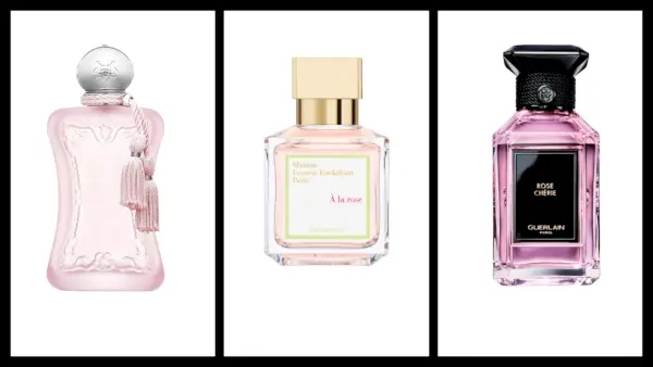 collage af tre rosenparfumer