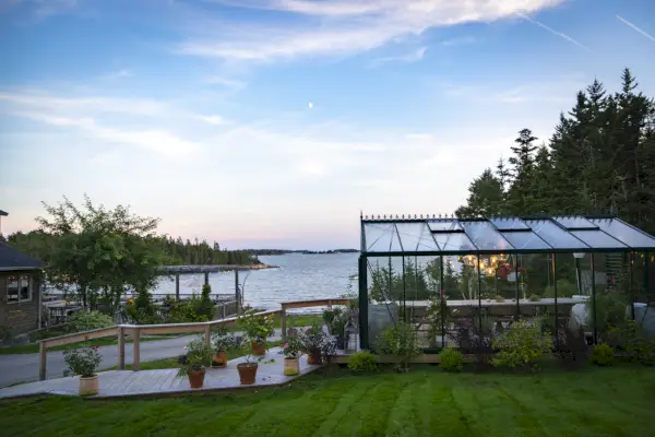 ett växthus vid vattnet