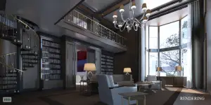 Mega-kaupunkitalon kuviteltu kirjasto, josta ei koskaan tule todellisuutta.