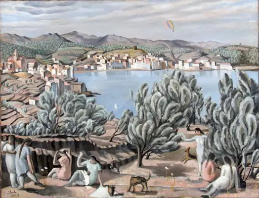 Maalaus merenrantamaisemasta ihmisten kanssa etualalla