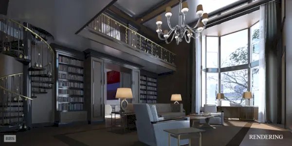 Un rendering della grande biblioteca.