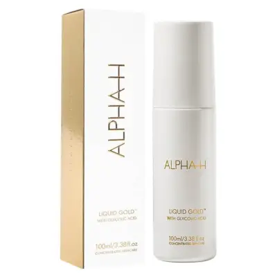 Pullo Alpha-H Liquid Goldia ja sen mukana tuleva pakkaus.