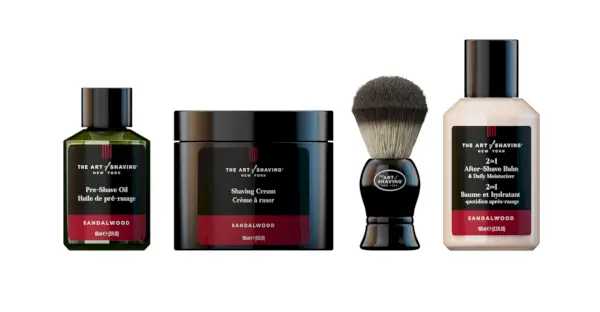 En uppsättning med fyra rakprodukter.