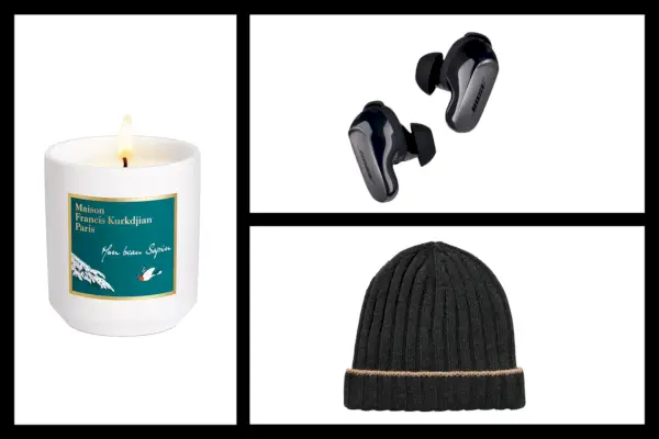 collage av en hatt, ljus och hörlurar