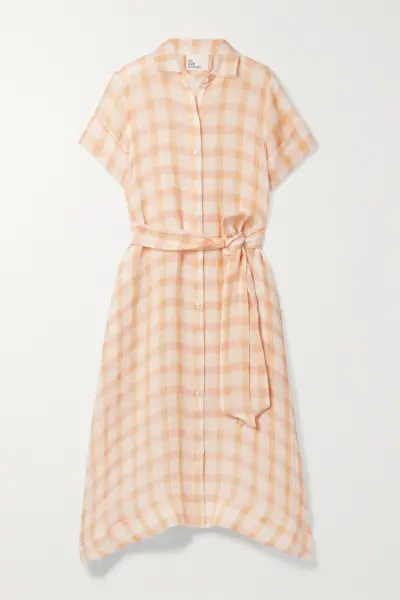 lyhythihainen persikkaruutuinen solmittava vyö paitamekko