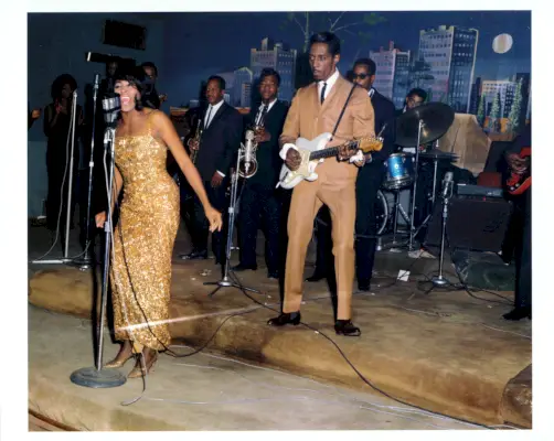 Muzyk Tina Turner na scenie w złotej sukience