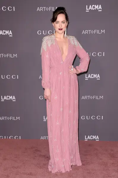 Johnson ma na sobie różową sukienkę z długimi rękawami, wysadzaną srebrnymi klejnotami.