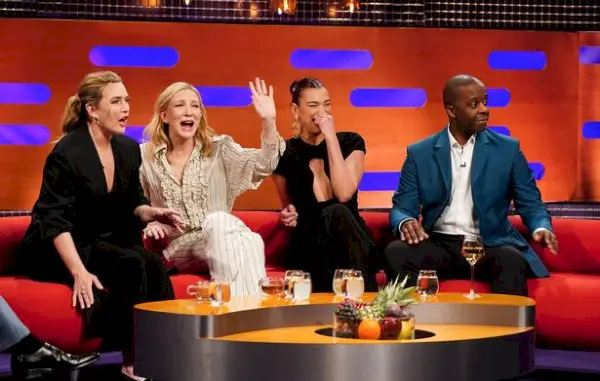 Kate Winslet, Cate Blanchett, Dua Lipa ja Adrian Lester Graham Norton Shown kuvauksissa